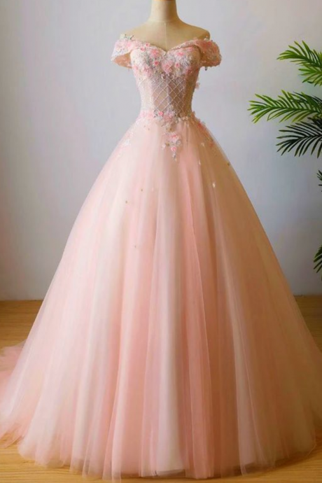 Beautiful Pink Tulle A-line Prom Dress 2020, Off Shoulder Sweet 16 Dress