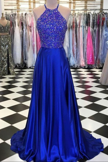 Blue A-line Beads Long Prom Dress, Blue Evening Dress