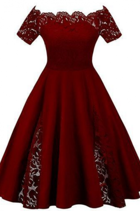 Elegant Burgundy Lace Homecoming Dress,off Shoulder Short Sleeves Prom Dress,custom Made Satin Plus Size Homecoming Dress