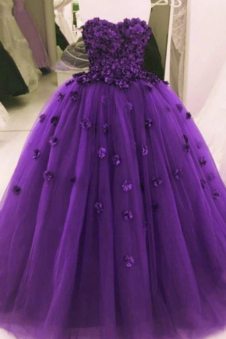 Purple Tulle Flowers Prom Dress Sweetheart A Line Formal Evening Dresses Long Party Gowns