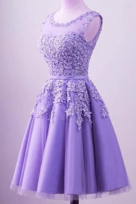 Short Tulle Beaded Round Neckline Knee Length Party Dress, Junior Prom Dress
