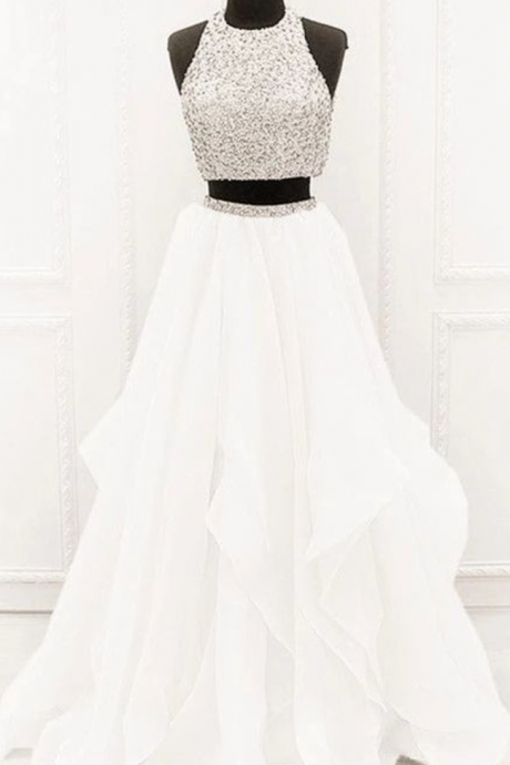 Chic Organza Ruffles Two Piece Prom Dresses With Sequins And Beads