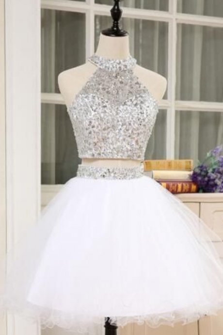 Shining 2 Piece Prom Dresses High Neck Crystal Beaded Puffy Short Homecoming Dress For Graduation