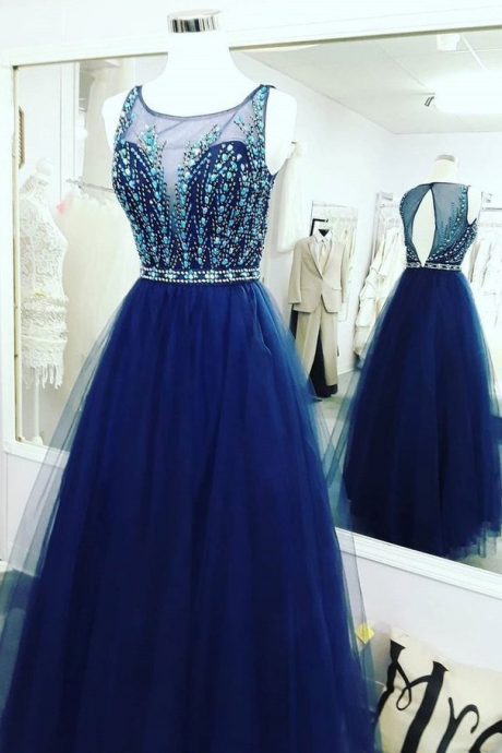 Fashion Royal Blue Tulle Beaded Back O Long Prom Dresses Evening Gowns Party Dress