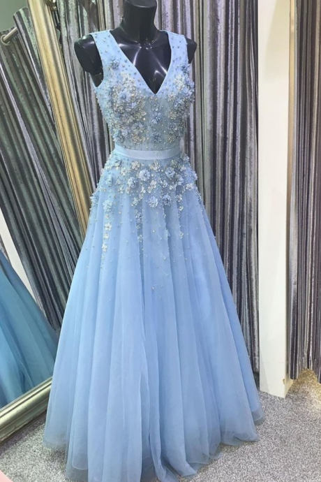 A Line V Neck Floral Light Blue Lace Long Prom Dress, Light Blue Lace Formal Graduation Evening Dress
