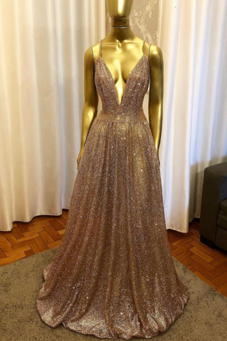 Gold Sequins Long Prom Dress Evening Dress