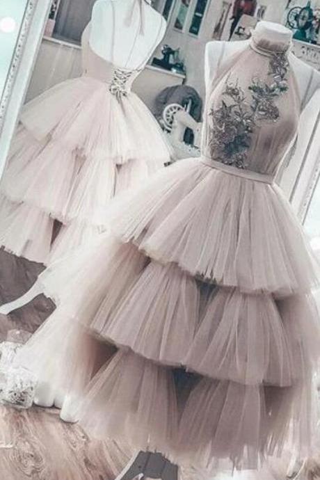 Unique Short Layered Tulle High Neck Backless Short Prom Dress Homecoming Dresses