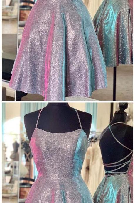 Sparkly A-line Scoop Neck Cross Back Gray Satin Short Homecoming Dresses,prom Dresses Short,back To School Dresses
