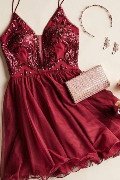 Chic A-line V Neck Spaghetti Straps Open Back Burgundy Homecoming Dresses,short Prom Dresses