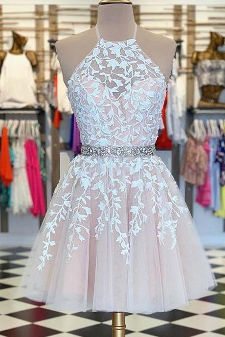Pink Tulle Short Prom Dresses With Appliques,formal Evening Party Dresses,homecoming Dresses A-line Halter Cross Back