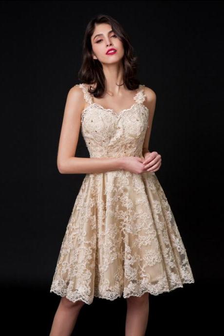 White Tulle Lace Round Neck Short Layered Homecoming Dress, Knee Length  Party Dress