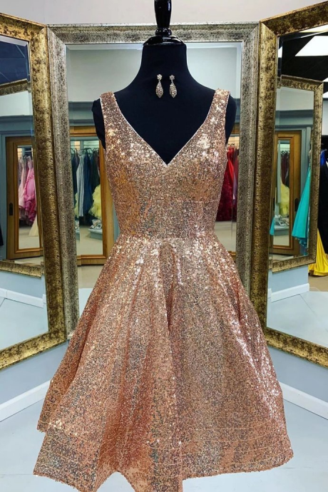 A-line V-neck Sequins Short Prom Dress, Gold Homecoming Dress