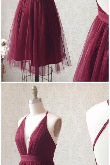 Elegant Burgundy Velvet Homecoming Dress Short Plunging V-neckline