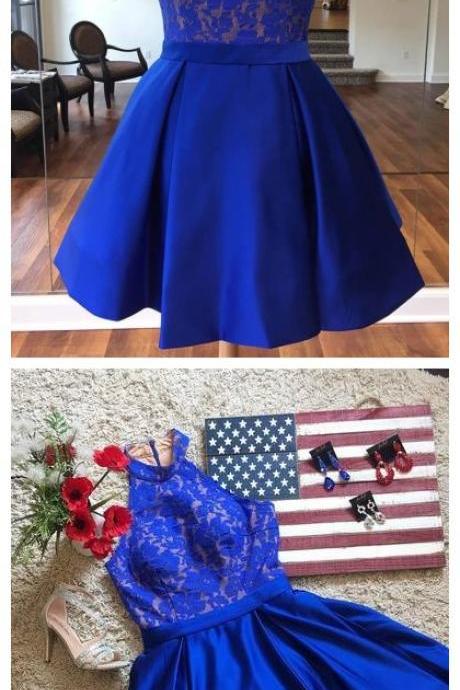A-line Royal Blue Short Prom Dress High Neck Lace Short Prom Dress Homecoming Dress