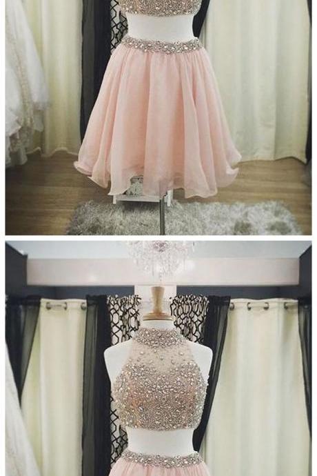Two Piece Prom Dresses,pearl Pink A-line High Neck Short Mini Chiffon Homecoming Dress Short Prom Dresses