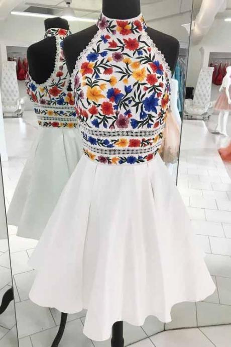 Unique White High Neck Short Prom Dresses, A Line Sleeveless Short Homecoming Dress