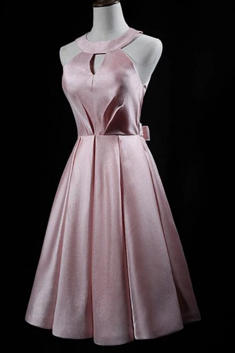 Short Satin Halter Homecoming Dress With Bow, Pink Prom Dress