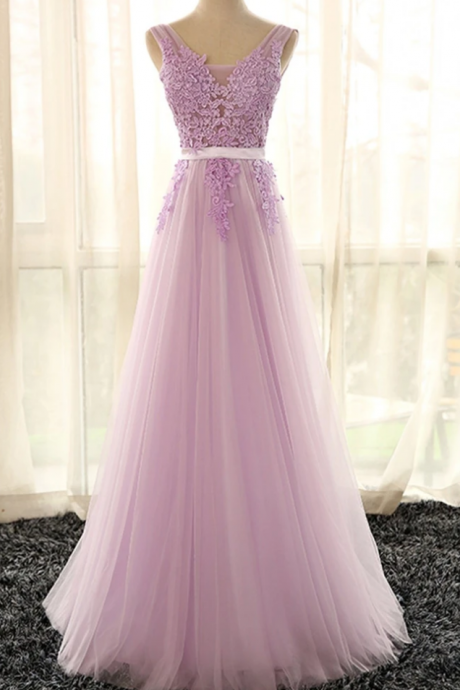  Tulle Lilac V-Neckline Party Dress, Long Evening Gown