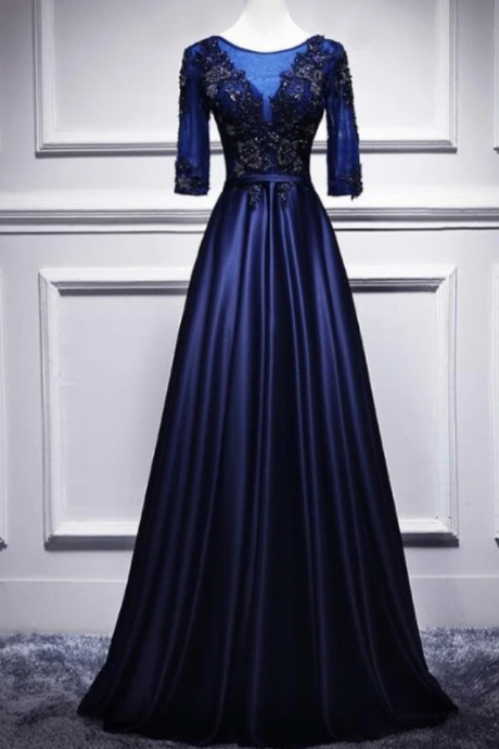 Navy Blue 1/2 Sleeves Satin Long Bridesmaid Dress, A-line Party Gown