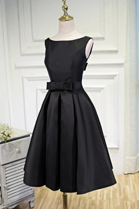 Lovely Simple Black Satin Knee Length Party Dress, Prom Dress