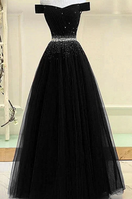 Black Tulle A-line Long Party Dress, Black Prom Dress
