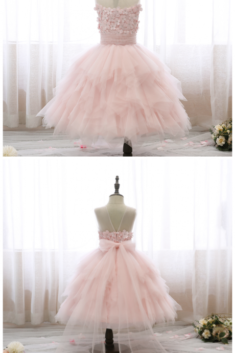 Flower Girl Dress,Puffy Yarn Princess Dress Wedding Flower Girl Birthday Pink Cake Dress Children Appliqued Sleeveless Dress Elegant Girl Clothes
