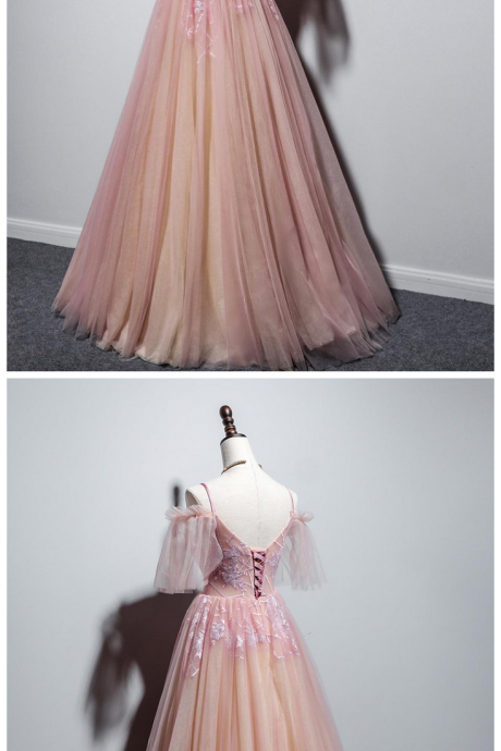 Beautiful Straps V-neckline Tulle Floral Prom Dress, Floor Length Party Dress