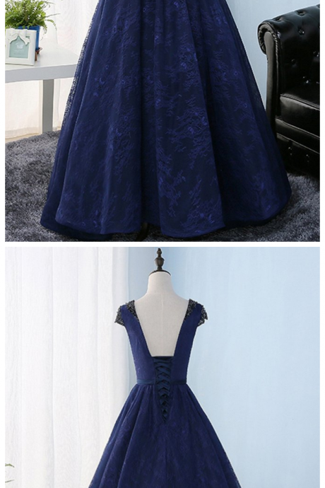 Lace Round Neckline Backless Long Formal Dress, Lace Evening Dress