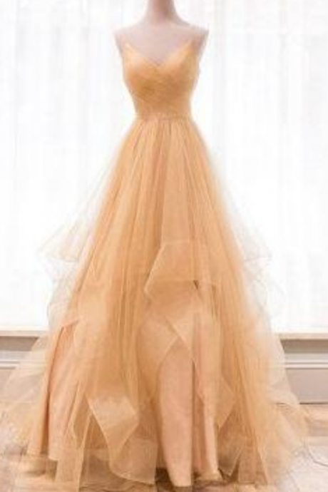 Beauty Prom Dress,gold V Neck Prom Dress,simple Prom Dress,tulle Long Prom Dress, Evening Dress