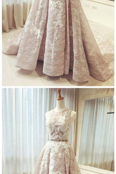 Round Neck Lace Long Prom Dress, Wedding Dress