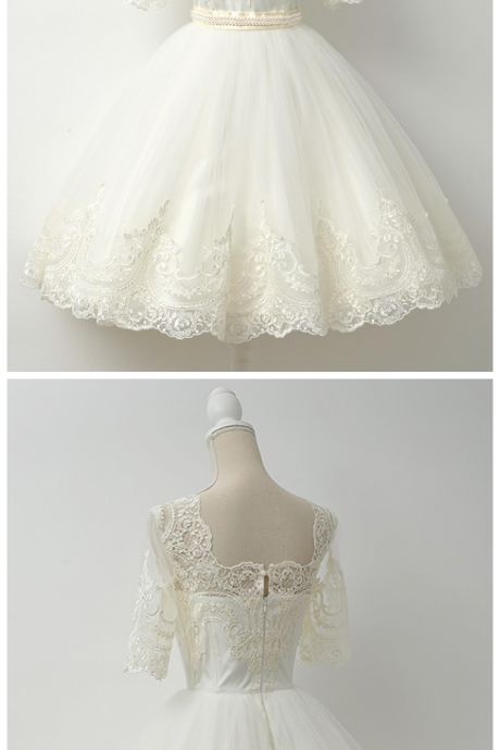 A-line Square Knee-length Half Sleeves Ivory Tulle Bride Wedding Dress With Beading Lace Appliques