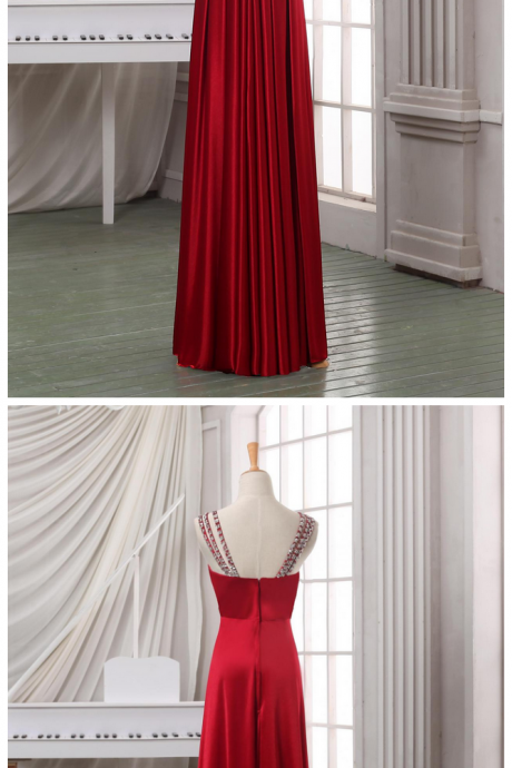 Long A-line Pleated Prom Dress Featuring Plunge V Bodice And Crystal Embellishments