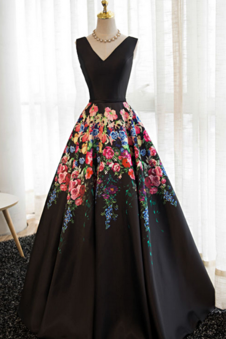 Elegant V-neckline Floral Satin Party Dress, Black Prom Dress 2020