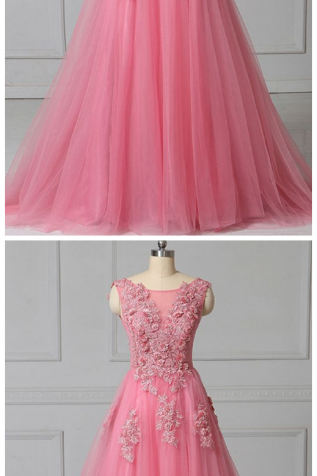 Tulle Scoop Neck 3d Lace Applique Evening Dress, Prom Dress For Teens