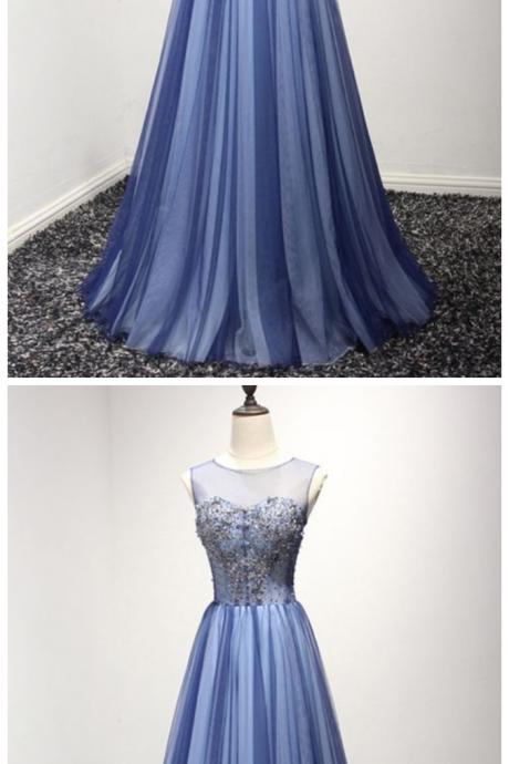 Long Tulle Blue Formal Dress With Sparkly Beading