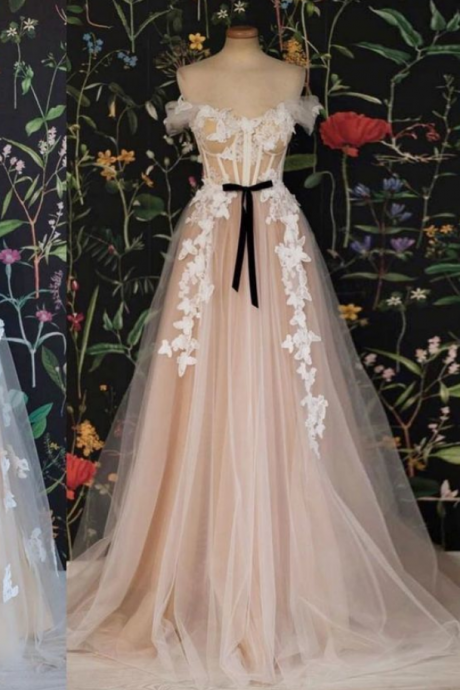 Tulle Off Shoulder Lace Applique Long Prom Dress