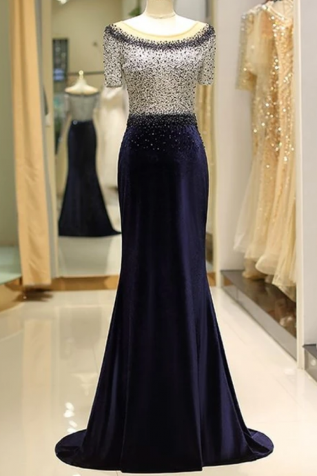 Mermaid Navy Blue Mother of the Bride/Groom Prom Dress with Short Sleeve Sequined 