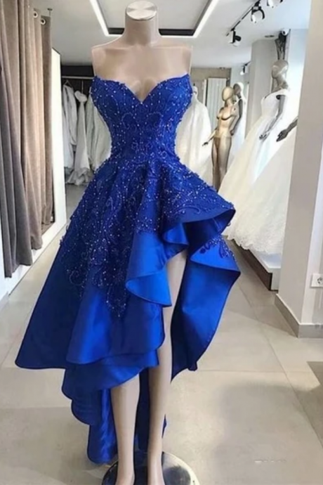 V Neck Royal Blue Beaded Prom Dresses, Evening Party Gowns