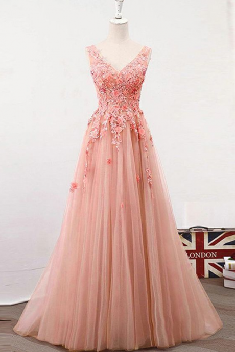 Exciting Tulle V-neck Neckline Floor-length A-line Prom Dress With Lace Appliques & Handmade Flowers