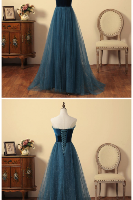 Elegant Tulle And Velvet Tea Long Formal Dress, A-line Party Dress Evening Dress