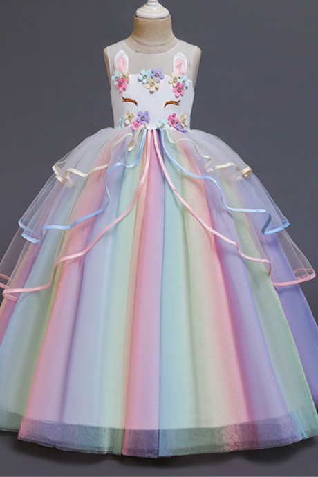 Flower Girl Dresses,new European and American dress dress girl dress unicorn children net gauze rainbow bouffant gauze princess skirt