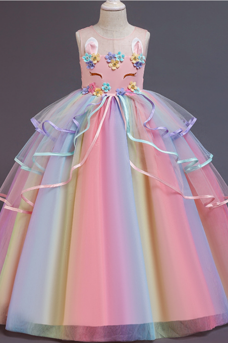 Flower Girl Dresses, European And American Dress Dress Girl Dress Unicorn Children Net Gauze Rainbow Bouffant Gauze Princess Skirt