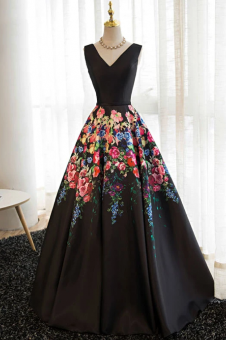 Black v neck floral patterns long prom dress, black evening dress