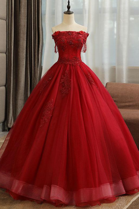 Burgundy Tulle Lace Long Prom Gown, Burgundy Tulle Lace Formal Dress