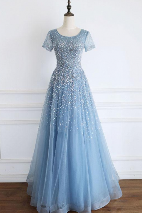 Tulle sequin beads long prom dress tulle formal dress