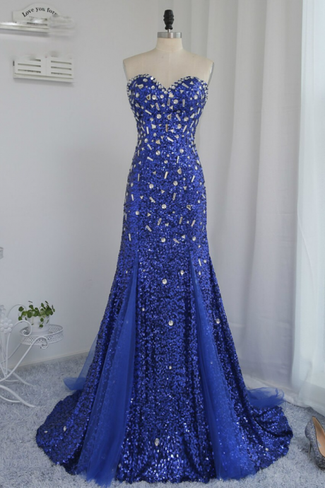 Unique 2021 Mermaid Sweetheart Royal Blue Crystals Sequins Long Evening Gown