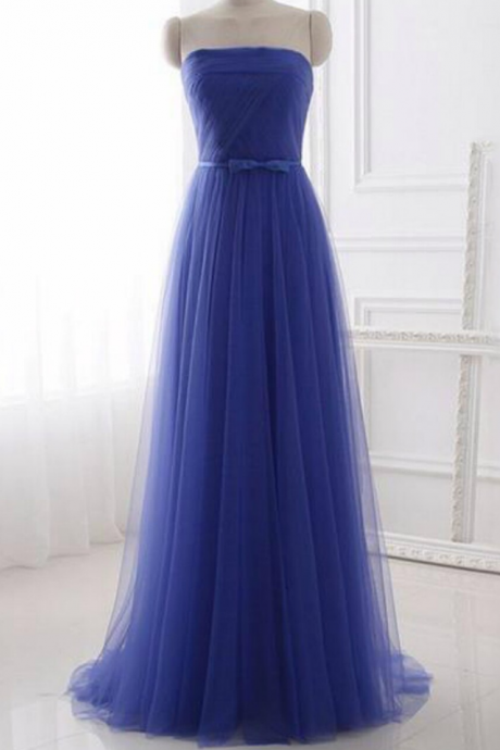 Tulle Strapless Long Simple Prom Dress With Bow