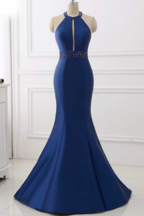 Satin Mermaid Halter Cut Out Backless Long Prom Dress