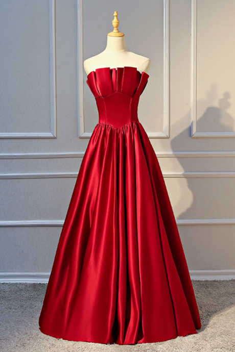 A-line Burgundy Satin Strapless Pleats Long Prom Dress