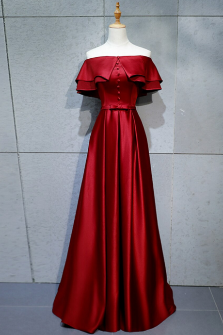 A-line Burgundy Satin Off The Shoulder Prom Dress With Button